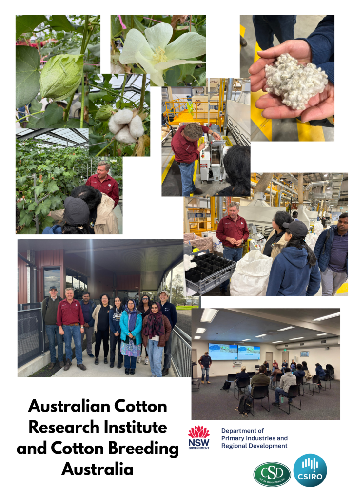 Collage featuring various aspects of the Australian Cotton Research Institute and Cotton Breeding Australia, including cotton plants, flowers, and researchers in a lab setting.