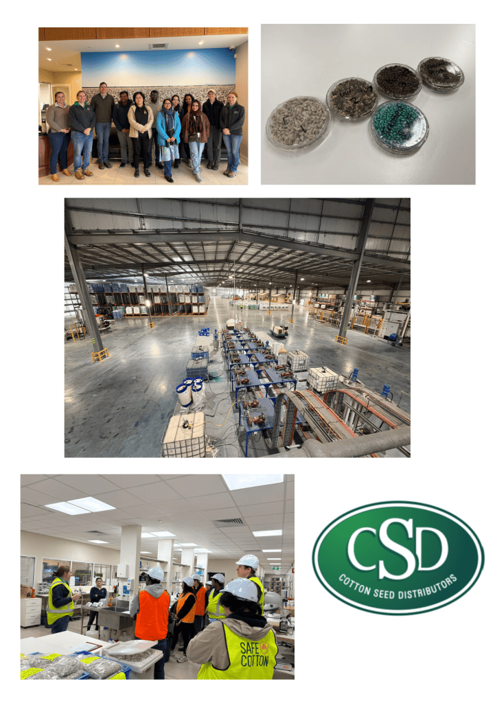 Group of employees posing at the reception area of Cotton Seed Distributors (CSD).
