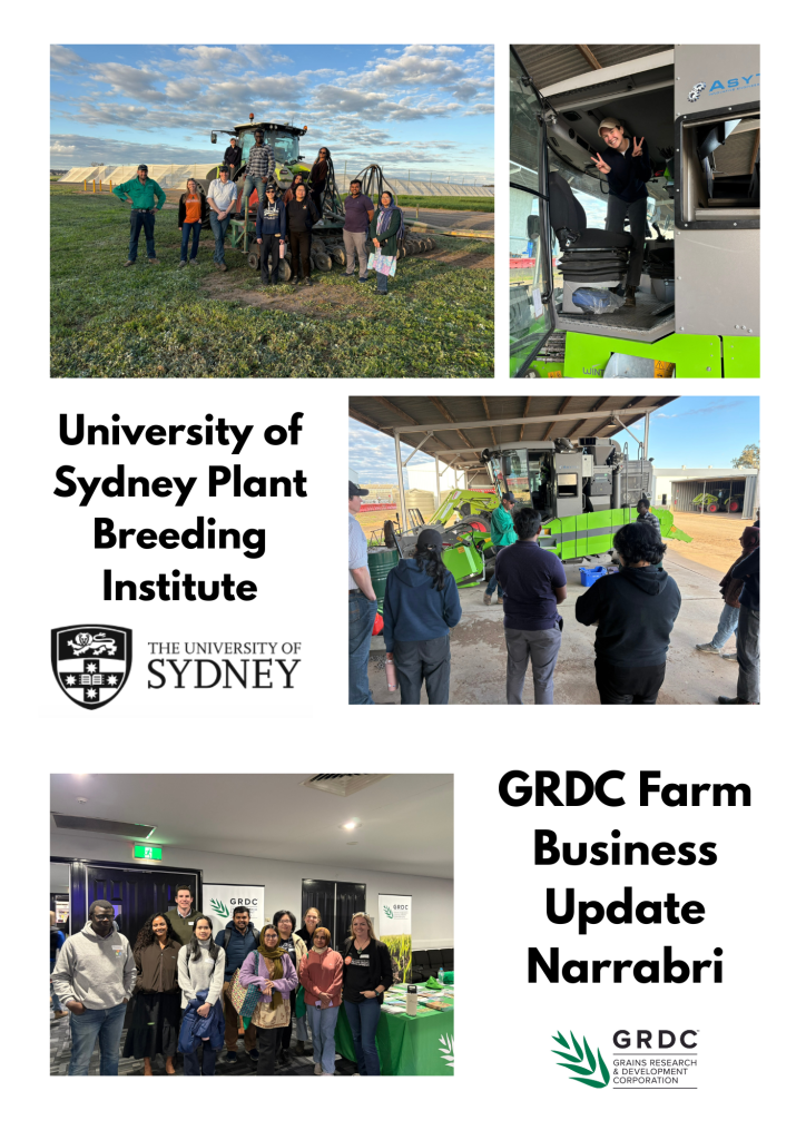 Group of individuals standing near a tractor at the University of Sydney Plant Breeding Institute.